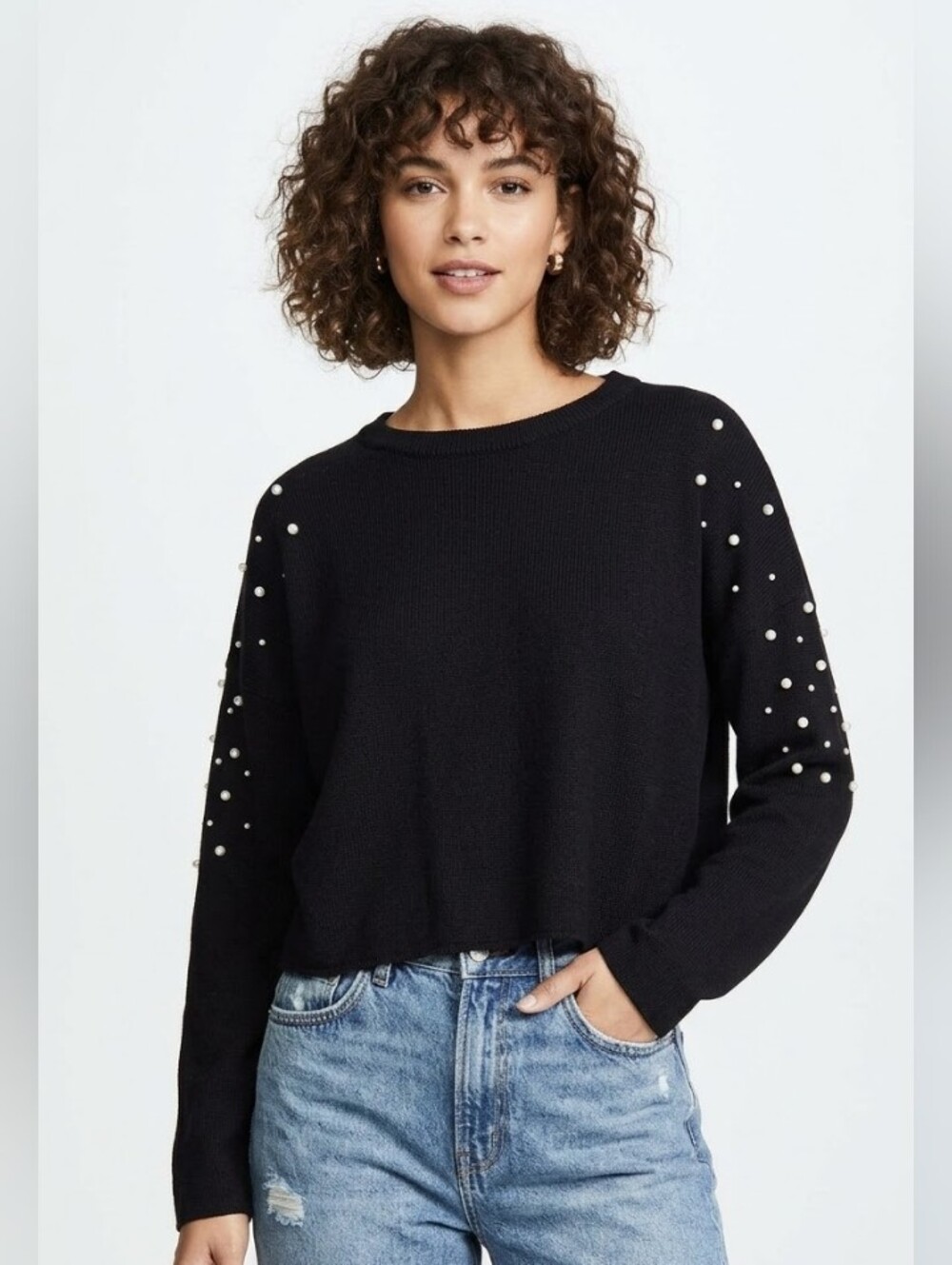 Stradivarius Black Pearl-Embellished Crewneck Sweater M/L